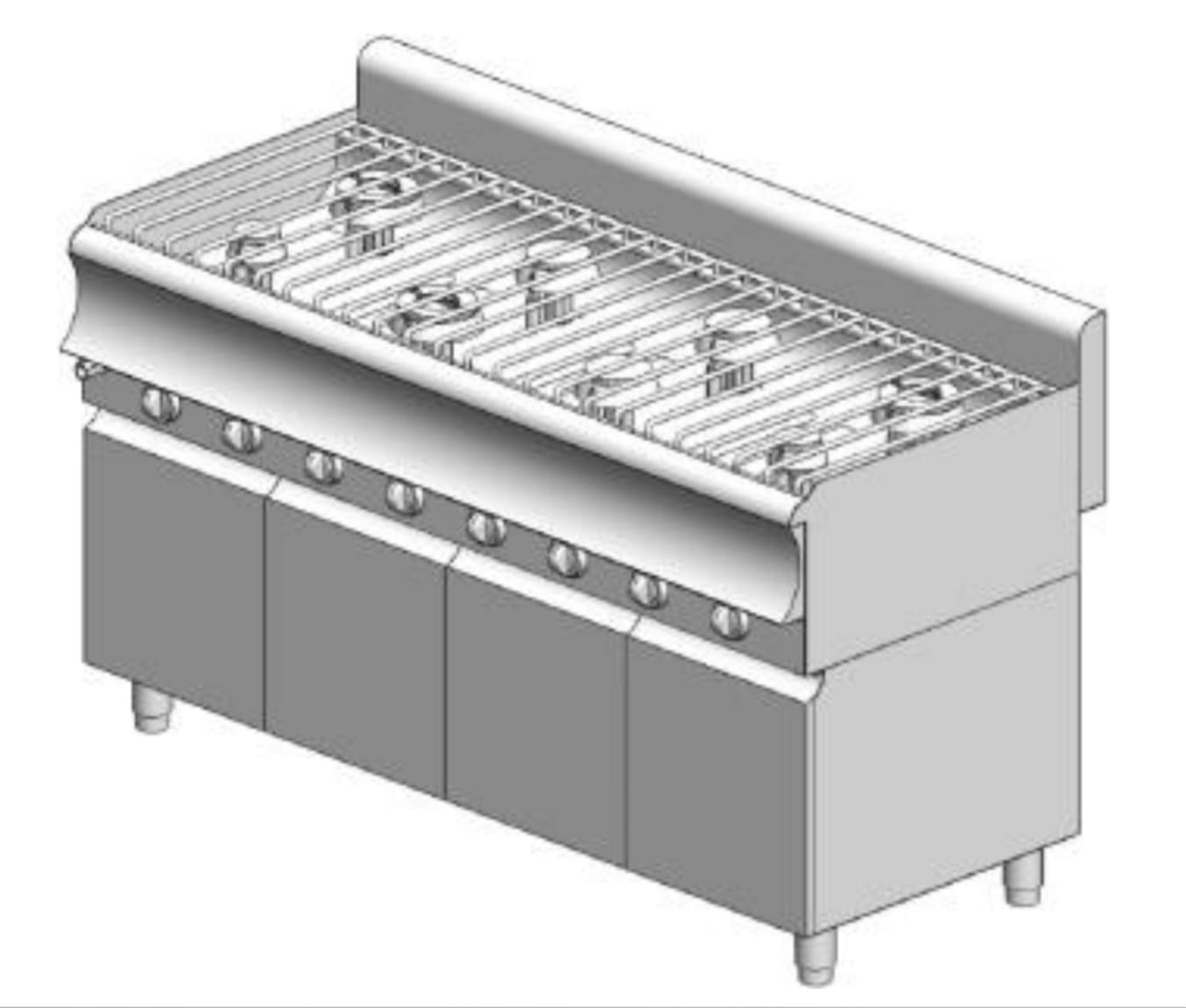 KG870ER CAT Gas kitchen – with cabinet - 44 kW - 8 high-efficiency burners - 1600x700x860mm - Visvardis KG870ER CAT - Image 1