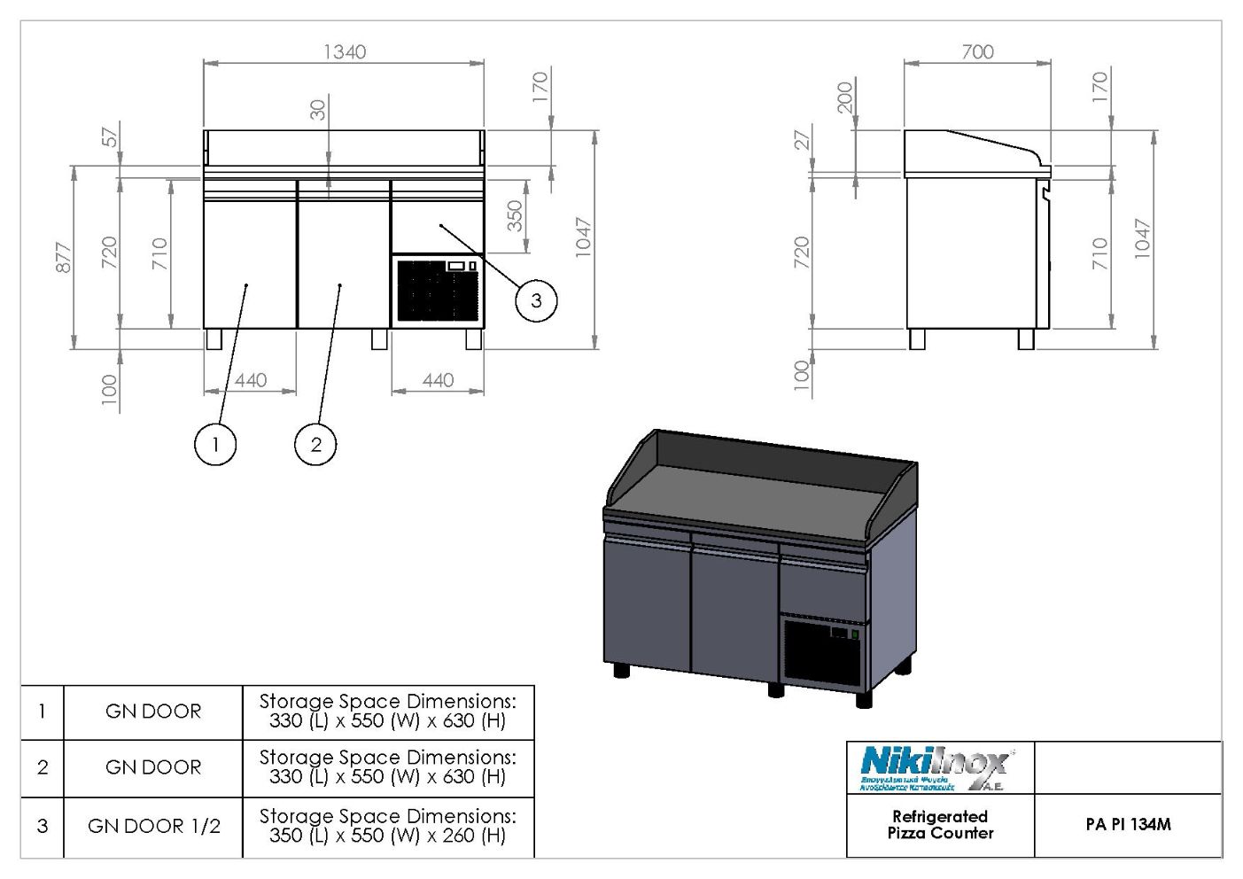 Product-drawing-PA-PI-134M-ENG-1 Refrigerated pizza counter - 1340x700x110mm - with 2 doors + 1 drawer - Capacity: 312 L - PA PI 134M - Image 1